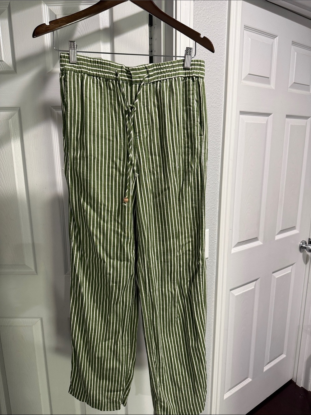 Zara Olive Green and White Striped Drawstring Linen Pants